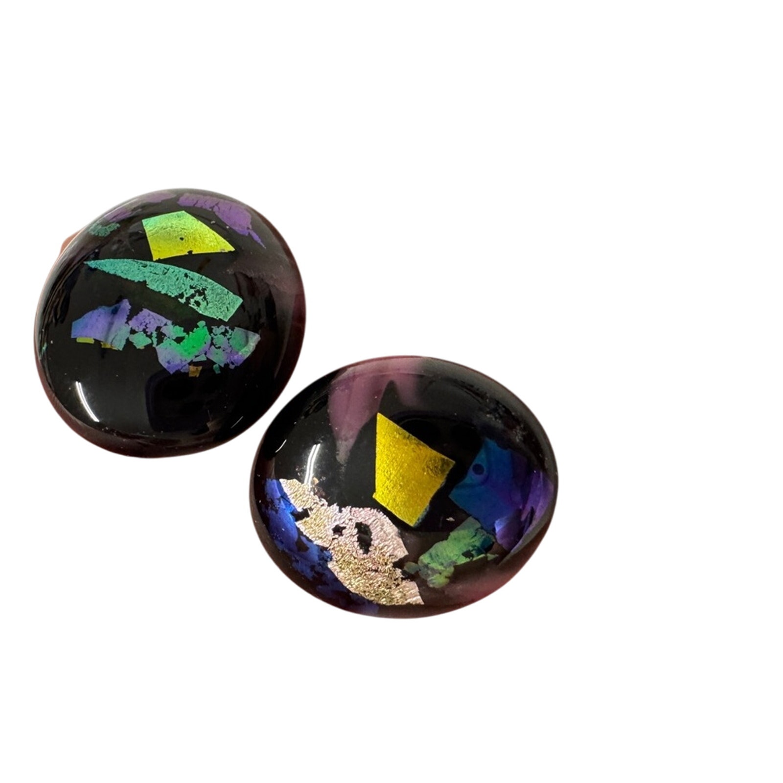 Vintage Dichroic Black Green Blue Pierced Earrings 1980s